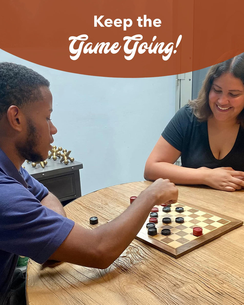 WE Games checkers pieces laid out on a table for tabletop play