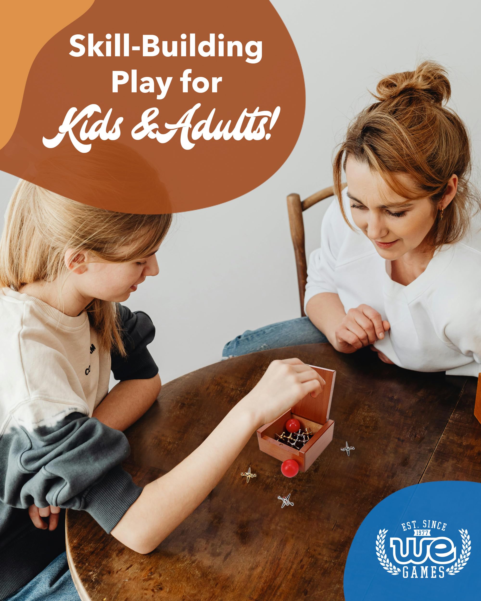 WE Games compact wooden box fits neatly for travel.