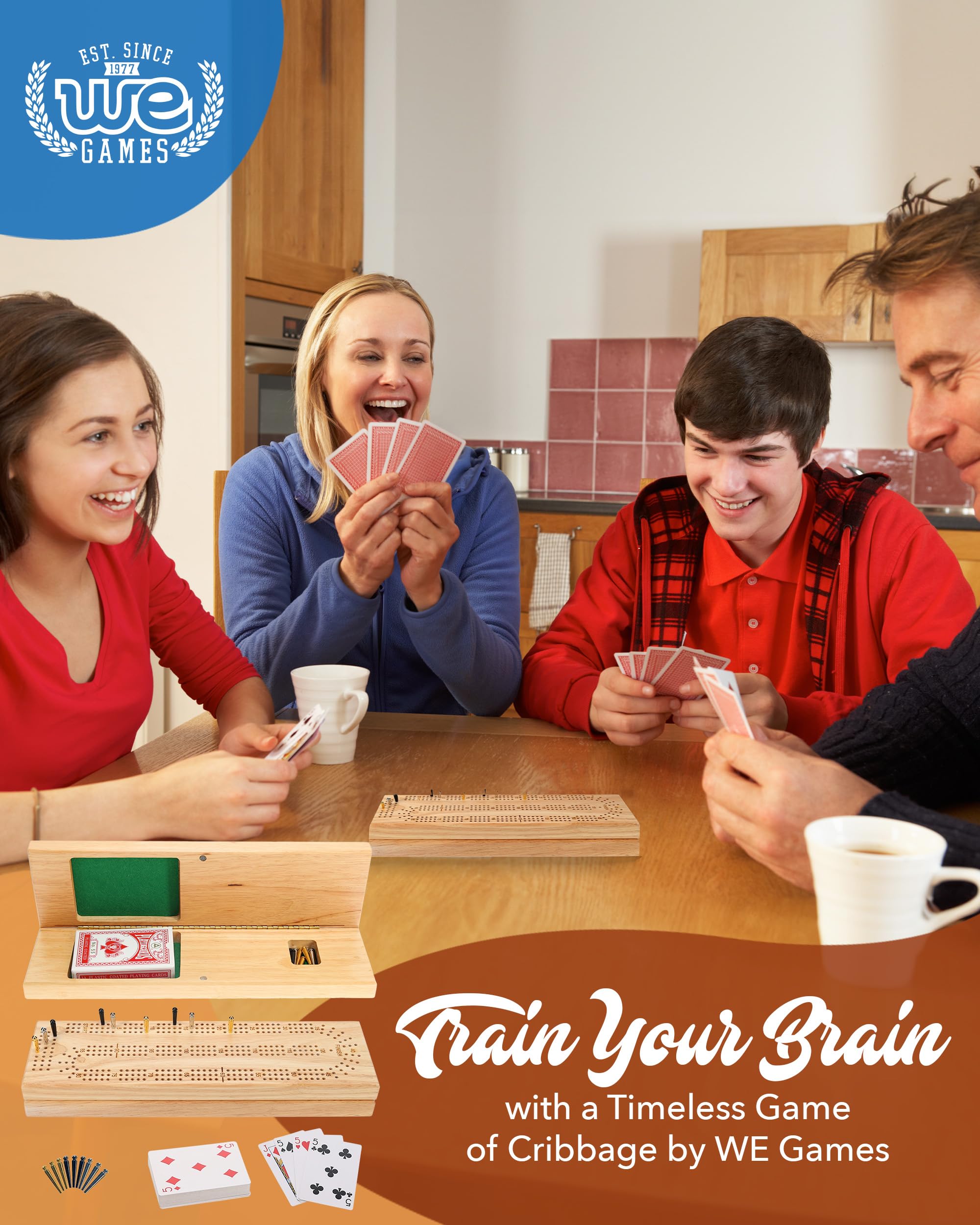 WE Games cribbage board with piano hinge for durable travel folding.