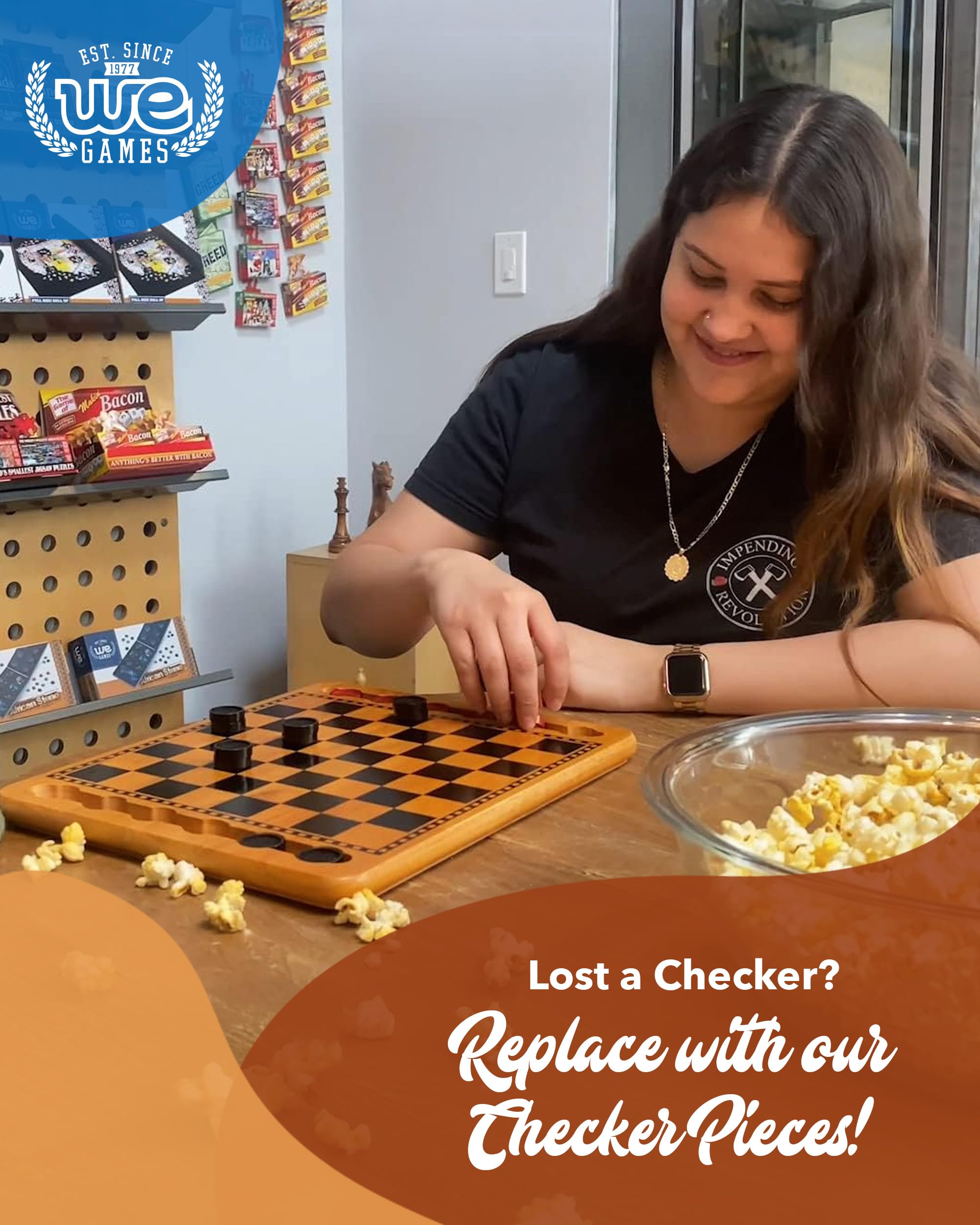 WE Games drawstring storage bag holding 24 checkers pieces
