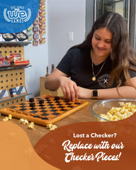 WE Games drawstring storage bag holding 24 checkers pieces