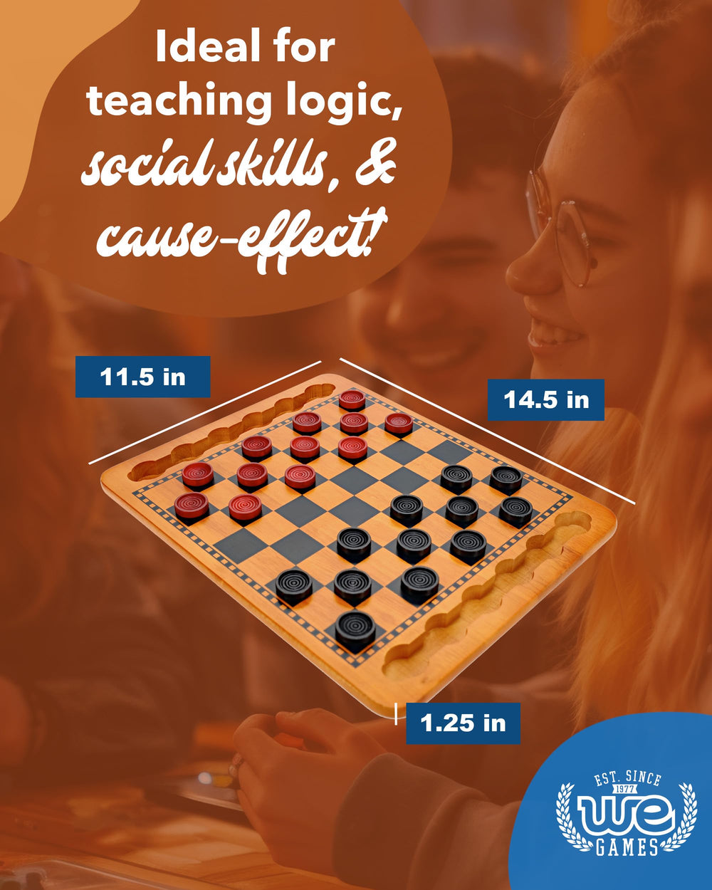WE Games board features inset grooves to keep pieces organized.