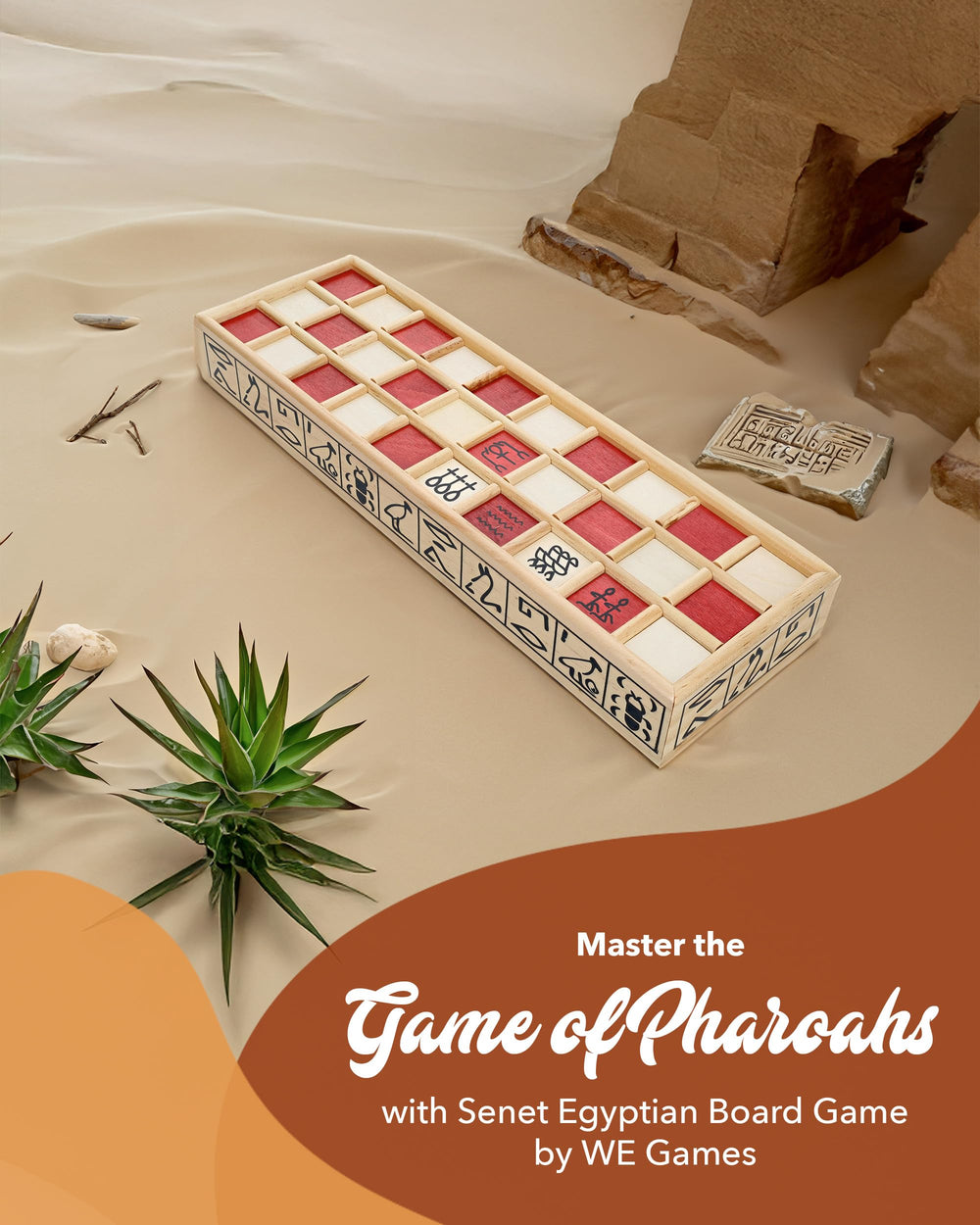 Close-up of WE Games Senet carved wooden playing pieces.