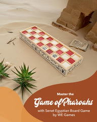 Close-up of WE Games Senet carved wooden playing pieces.