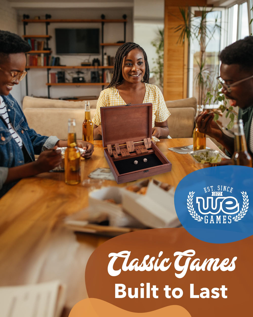 WE Games Shut-The-Box classic design sparks conversation and friendly play.