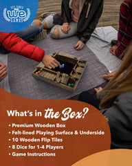 WE Games Shut The Box felt-lined underside protects tabletops during play.
