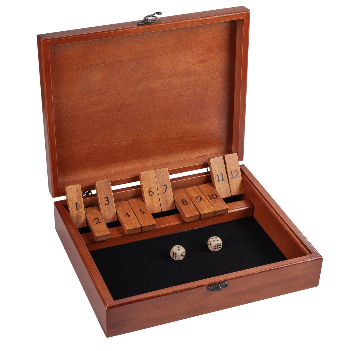 WE Games Shut-The-Box wooden box and dice ready for quick family game night.
