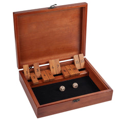 WE Games Shut-The-Box wooden box and dice ready for quick family game night.