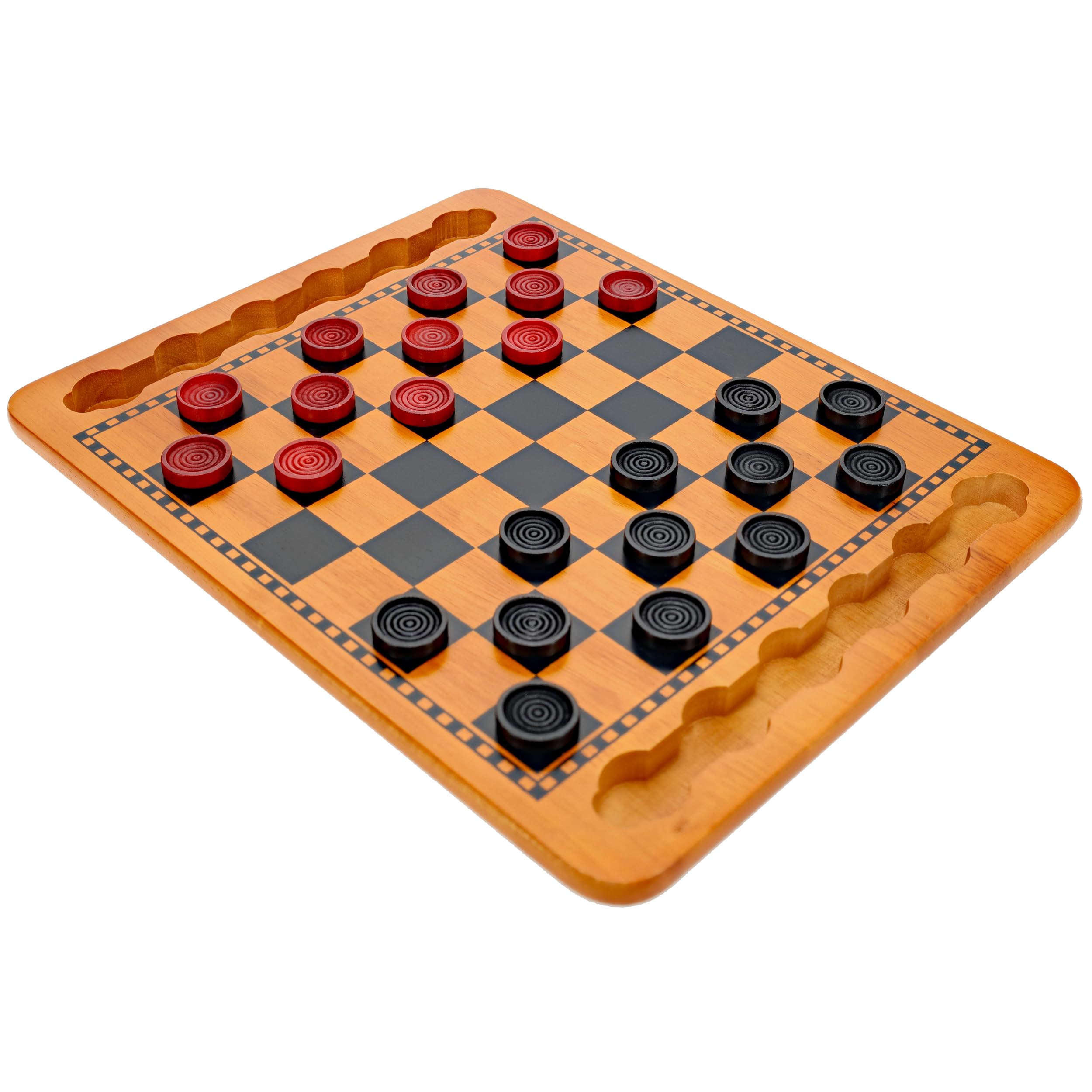 WE Games solid wood checkers board with inset grooves for tidy gameplay.