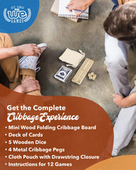 WE Games travel cribbage board metal pegs stored securely.