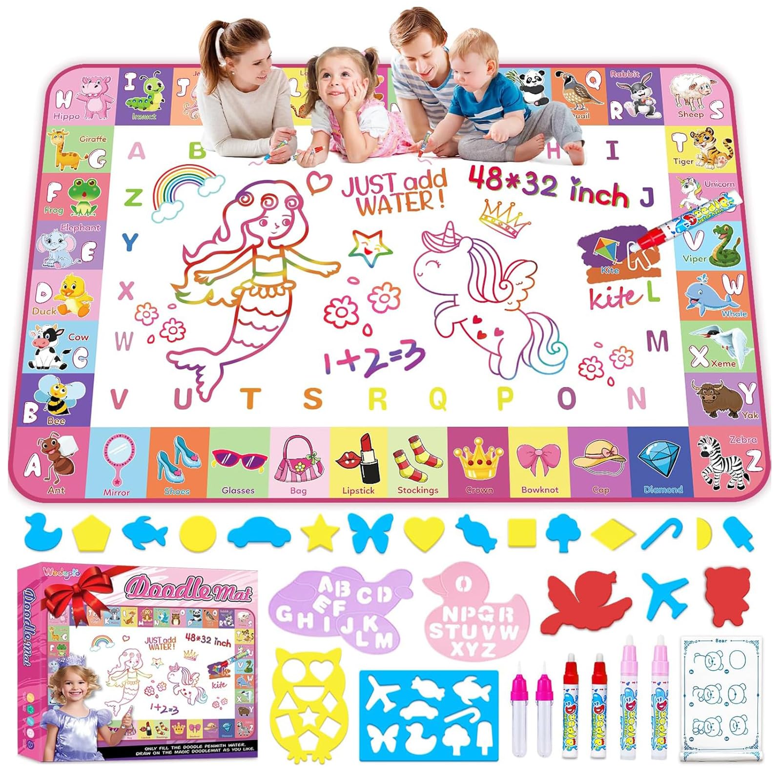 Wedopro water doodle mat full view showing large 48x32 inch drawing space for kids