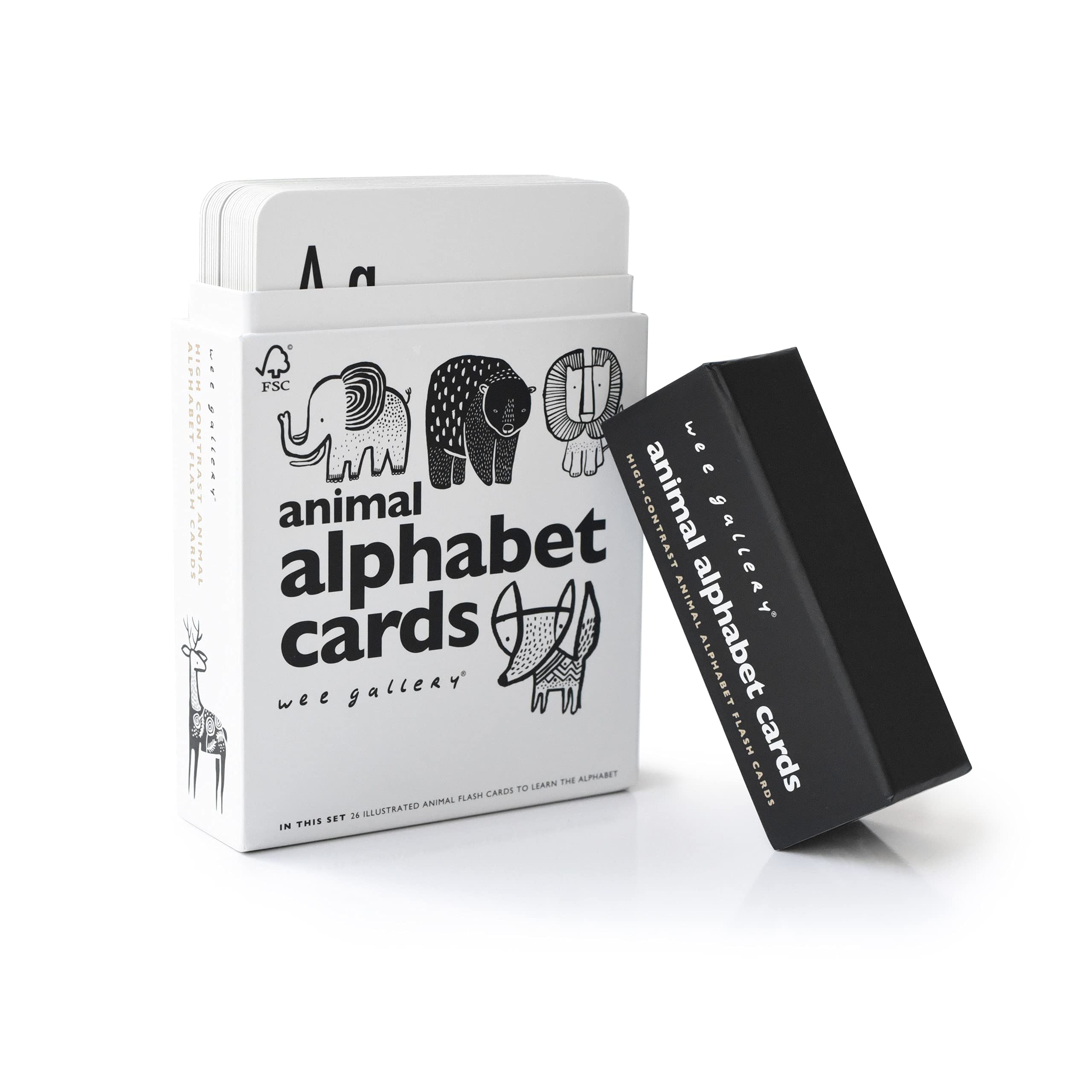 Wee Gallery animal-alphabet-baby flashcards promote early literacy with high-contrast animals and letters.