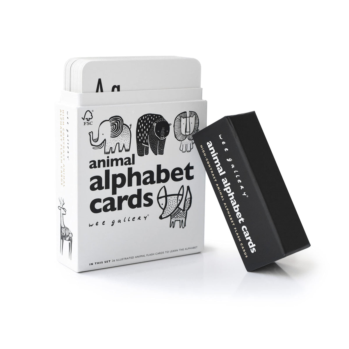 Wee Gallery animal-alphabet-baby flashcards promote early literacy with high-contrast animals and letters.