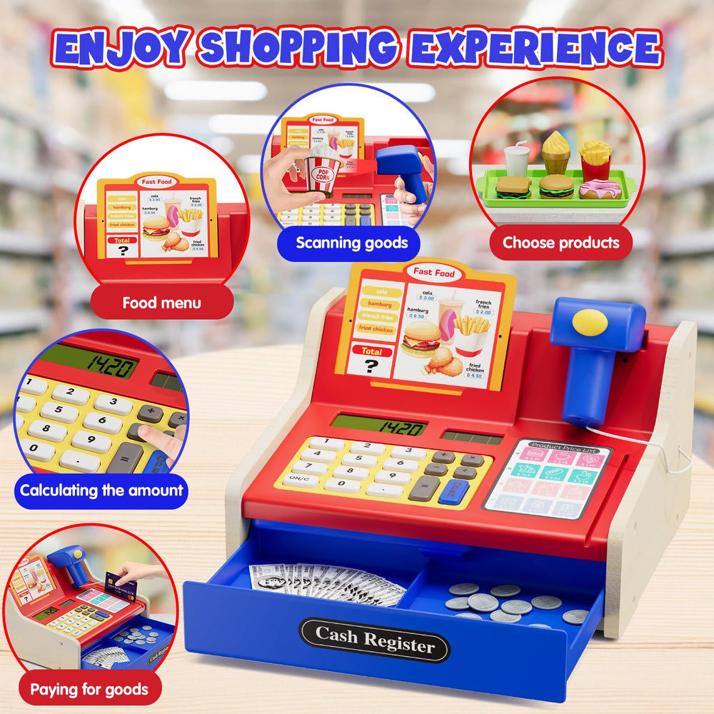 Wee Wonders wooden cash register drawer open with play money and coins for counting