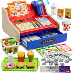 Wee Wonders wooden cash register front view with colorful buttons for creative play