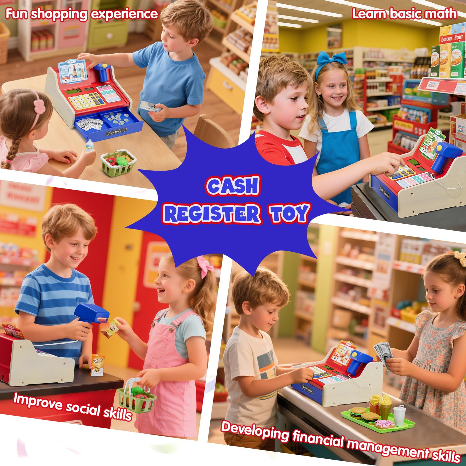 Wee Wonders wooden cash register scanner demonstrates pretend scanning for immersive checkout play