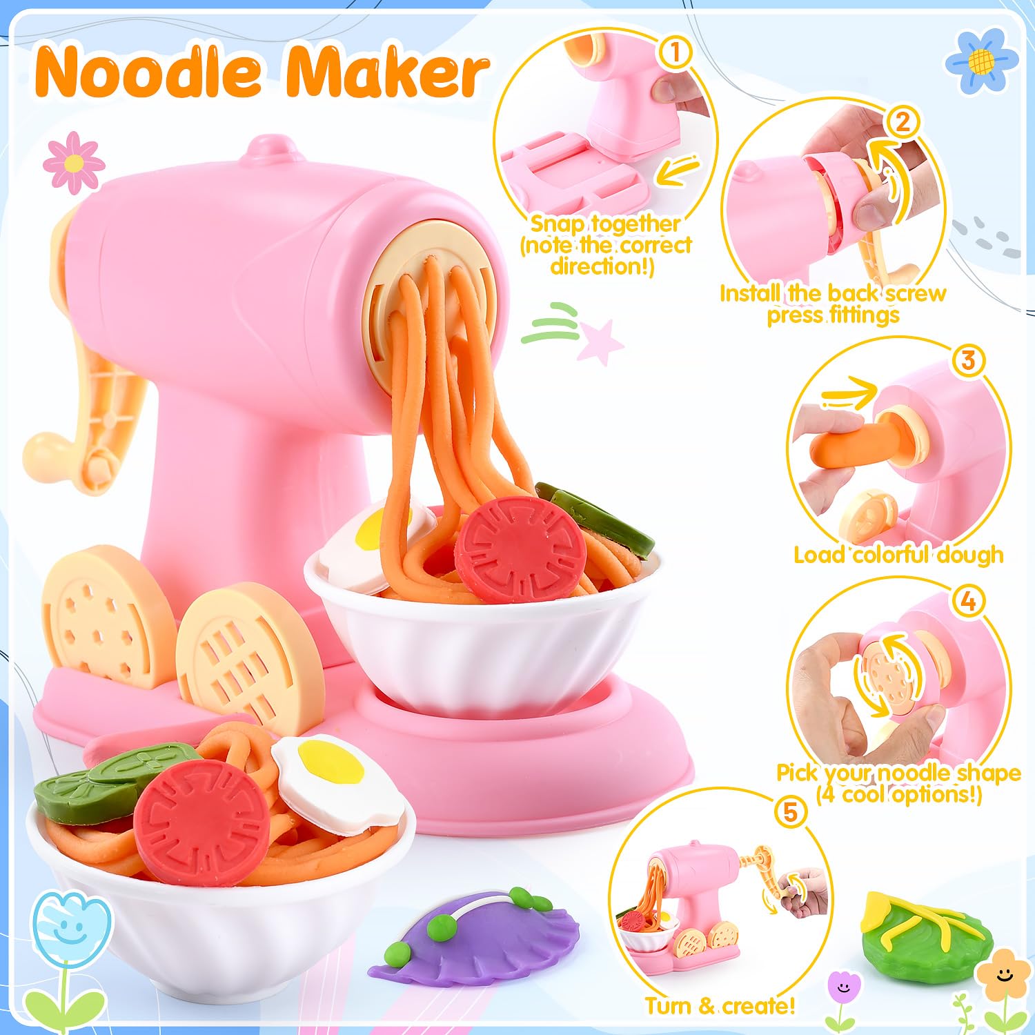 WeeHomm 5-in-1 color dough noodle maker supports creative pretend dining adventures.