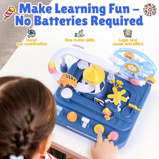 WeeHomm track buttons and levers aid fine motor skills and cause-effect learning.