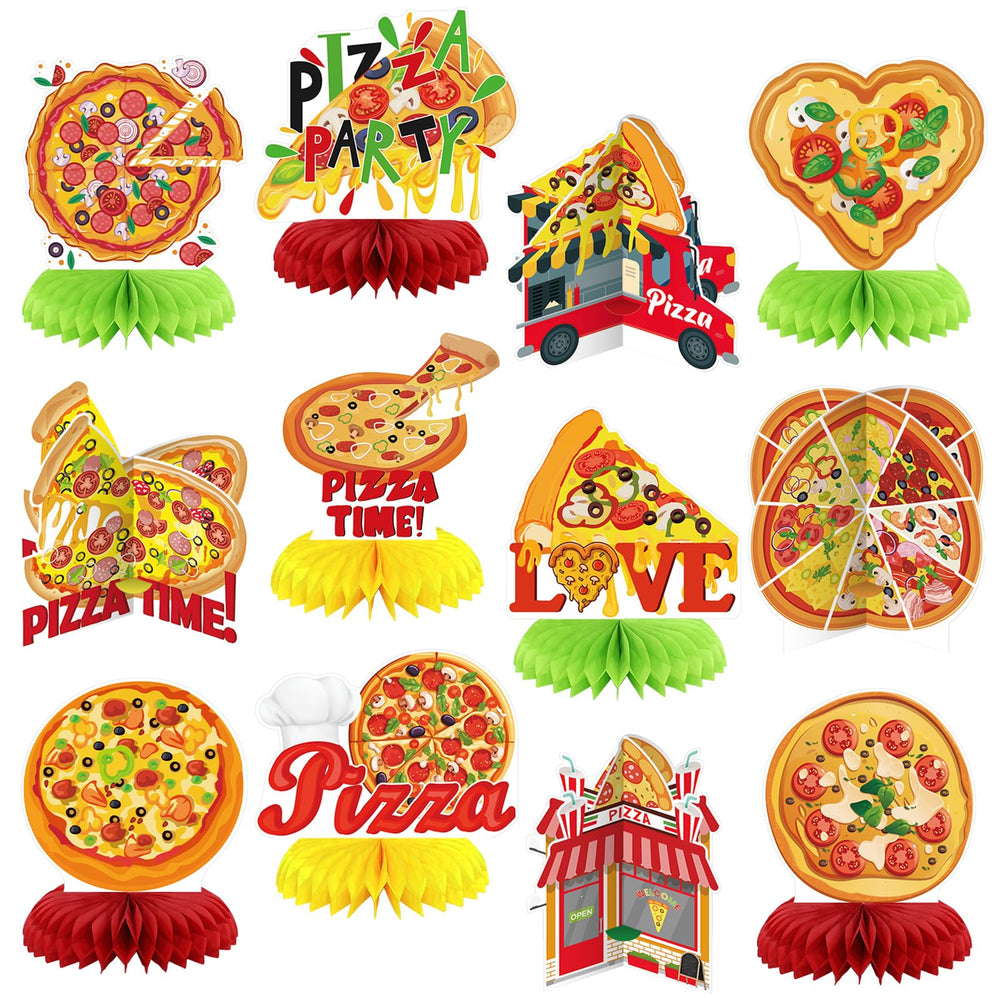 Weekgrat pizza honeycomb centerpiece ready for vibrant party table decor.