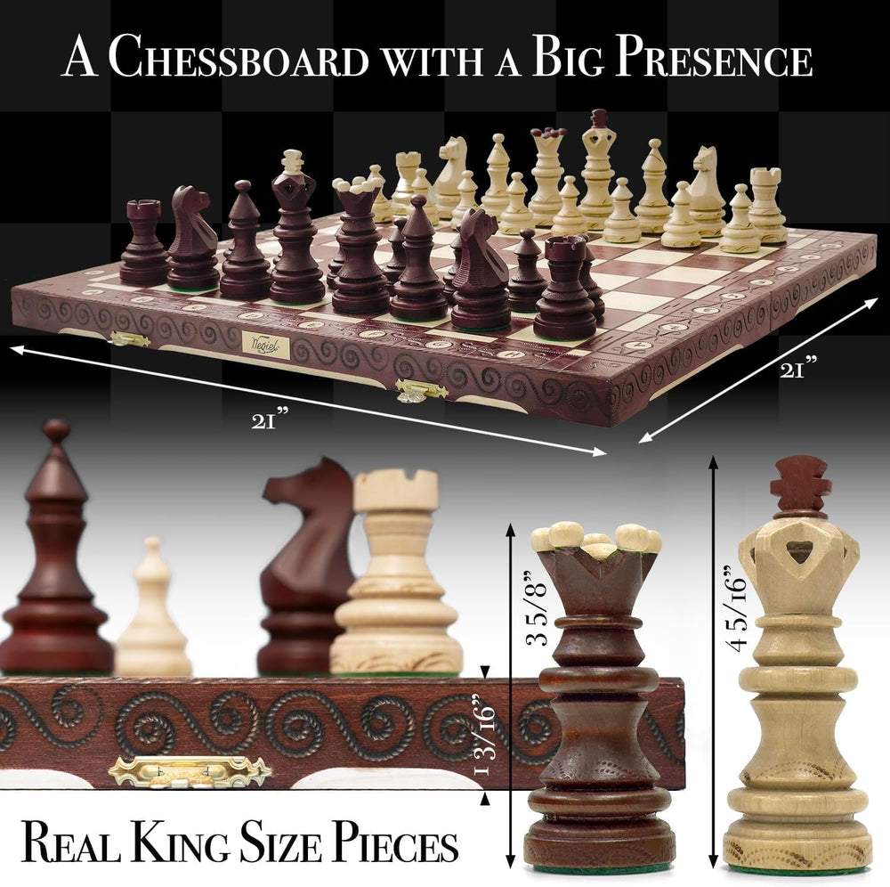 Wegiel Imperator weighted chess pieces with felt bottoms for stability.