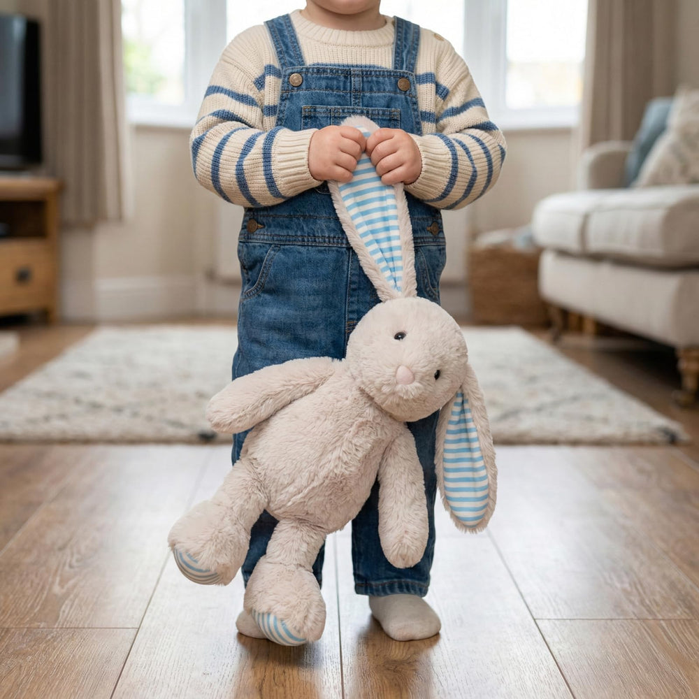 WEIGEDU beige cream bunny plush blue-striped ears add playful charm.