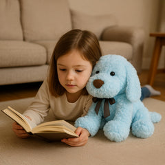 WEIGEDU blue goldendoodle plush back view highlights plush coat