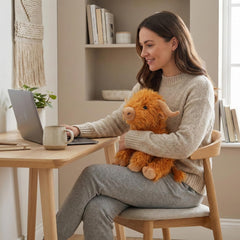 WEIGEDU Highland Cow plush in friendly sitting pose for versatile decor or cuddle time