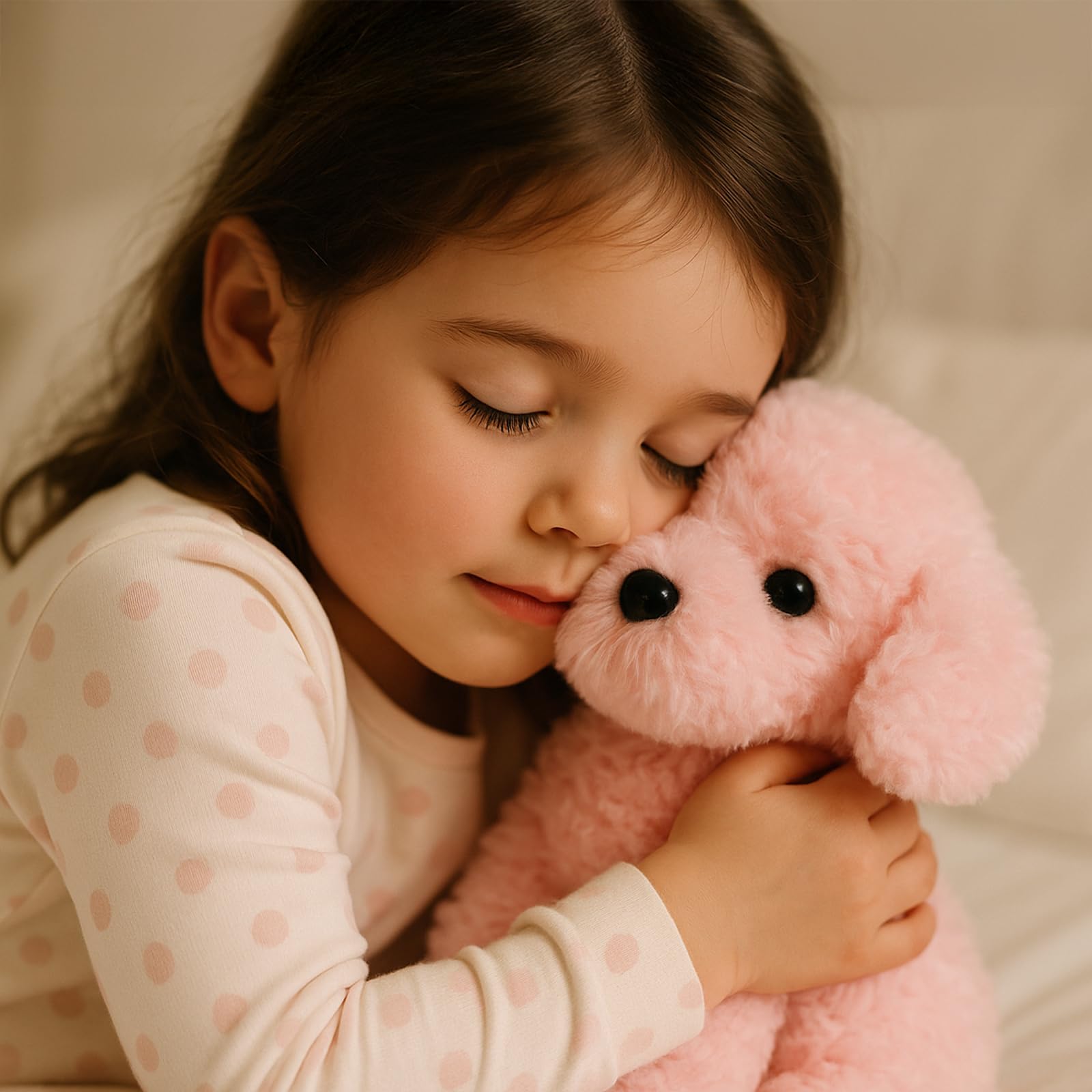 WEIGEDU pink puppy plush ideal for car rides and calm moments.
