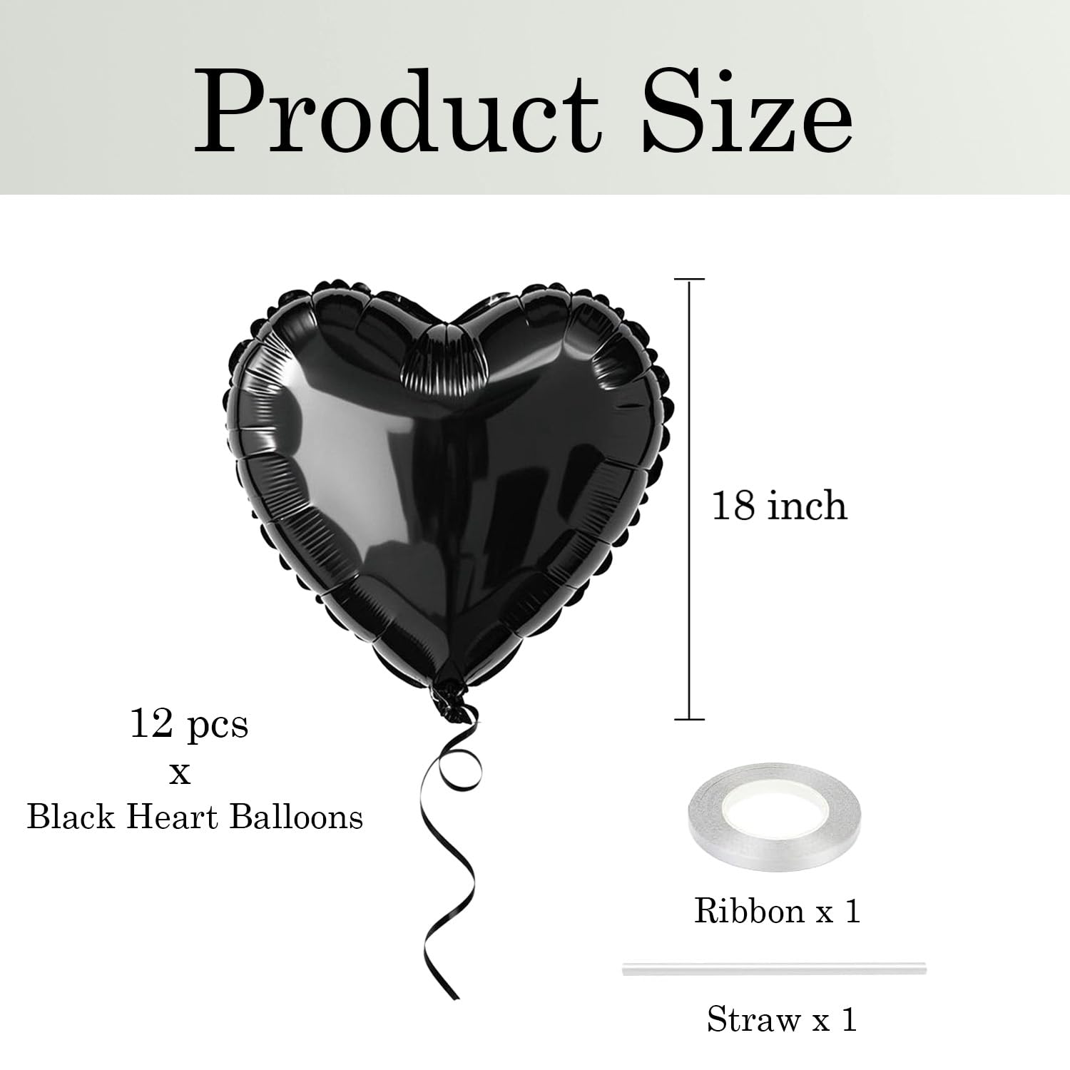 WEIKA 18inch black heart balloon foil inflated close-up showing metallic finish.