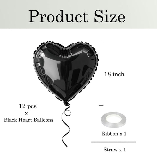 WEIKA 18inch black heart balloon foil inflated close-up showing metallic finish.