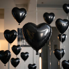 WEIKA 18inch black heart balloon foil with ribbon ready to display.