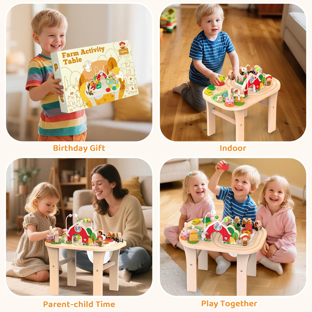 Weilim Activity Table stacking farm figures supports imaginative play and motor coordination.