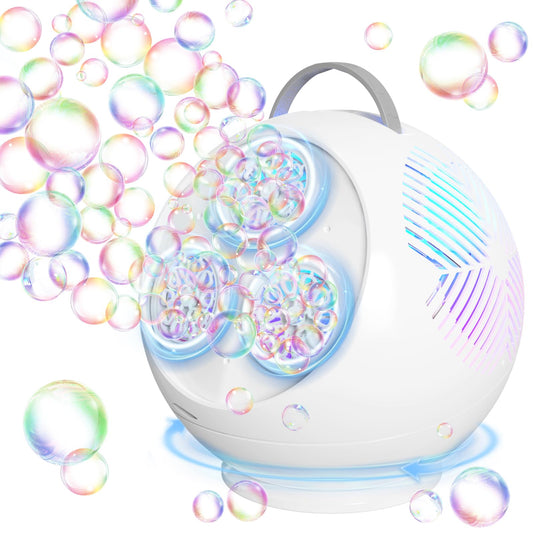 Weilim Bubble Machine with 360° LED rotation creates mesmerizing bubbles at night