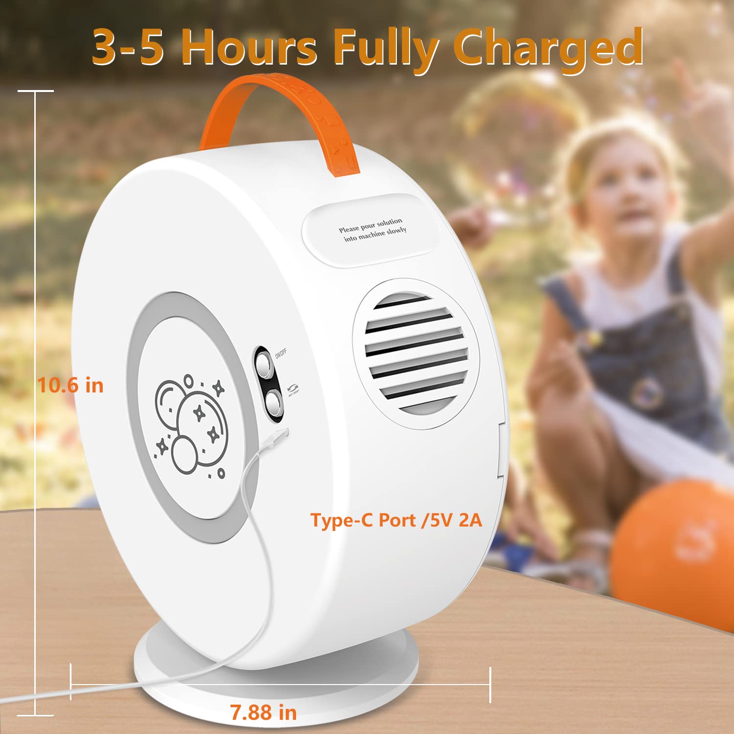 Weilim portable bubble maker with orange handle for on-the-go fun