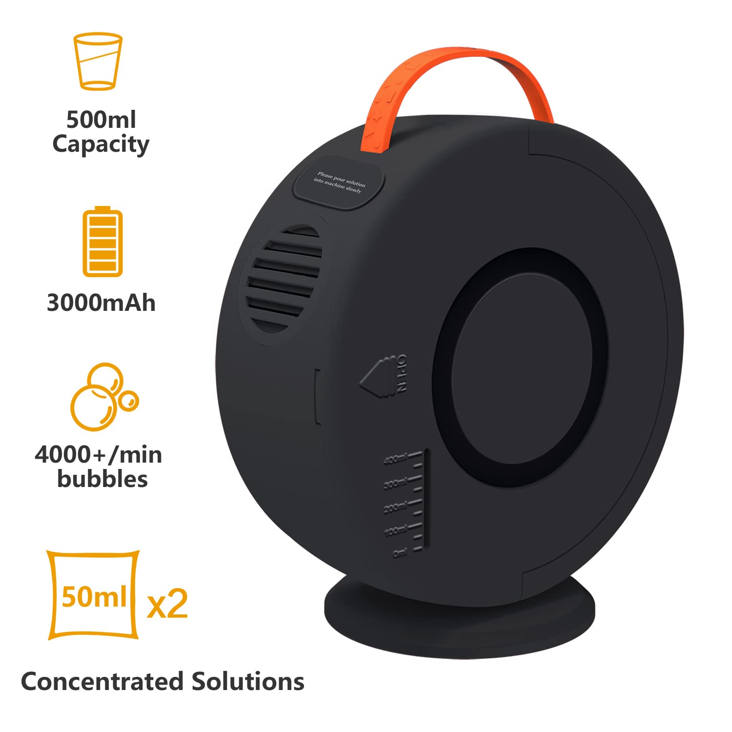 Weilim Bubble Machine with 360-degree rotation creates surround bubbles for parties.