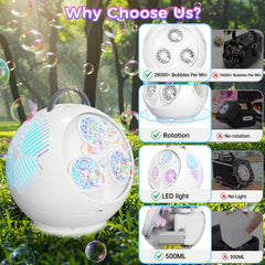 Weilim Bubble Machine demonstrates 45° tilt and 360° rotation for immersive bubble coverage