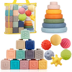 Weilim Montessori soft stacking blocks in bright colors for early color recognition and counting.