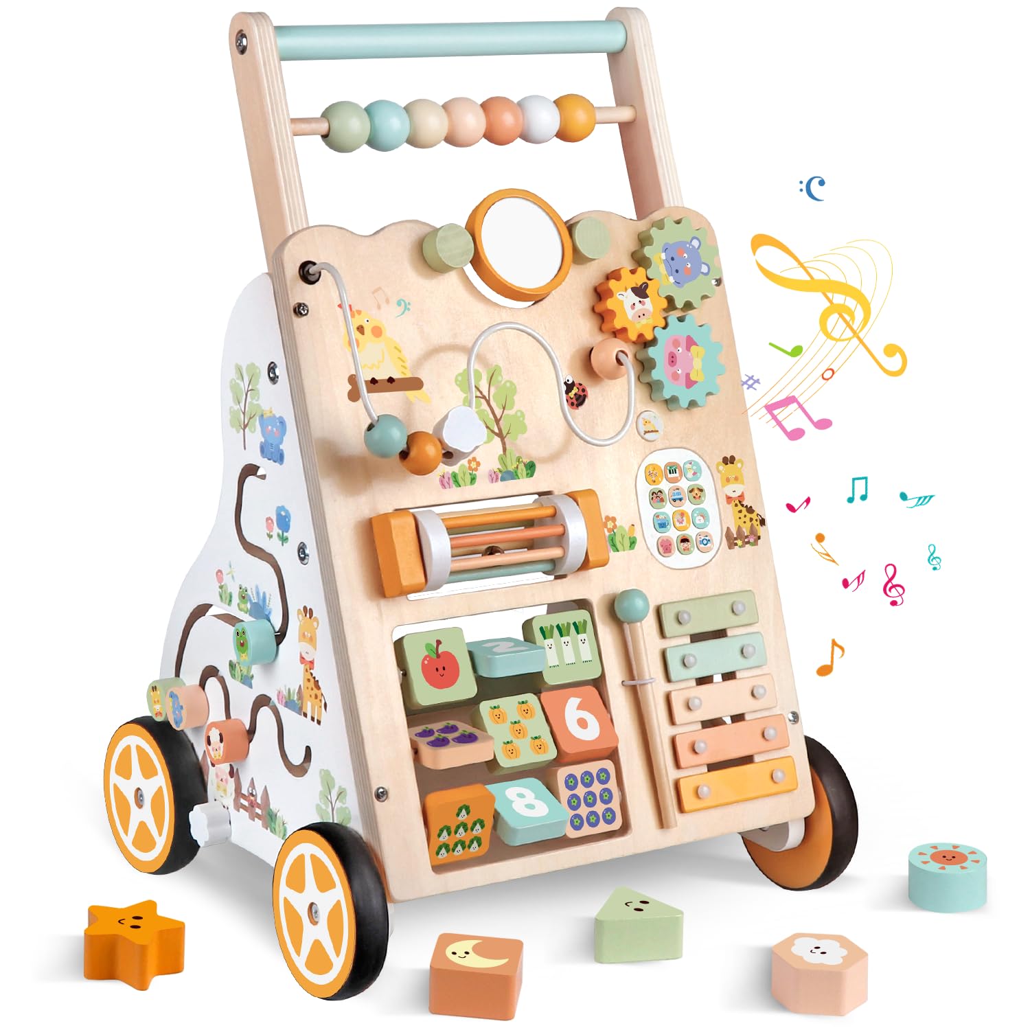 Weilim wooden baby walker with bead maze promotes fine motor skills and exploration.