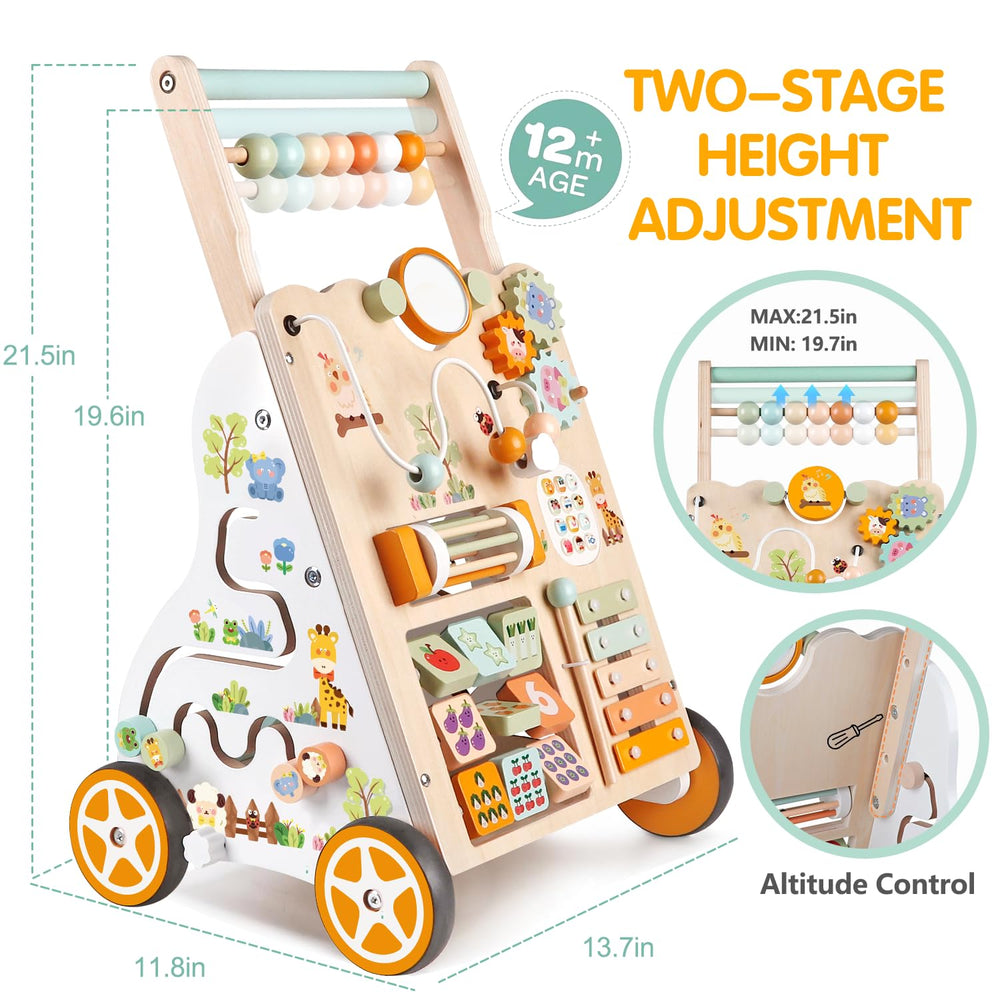 Weilim wooden walker features a mirror for visual tracking and self-recognition during play.