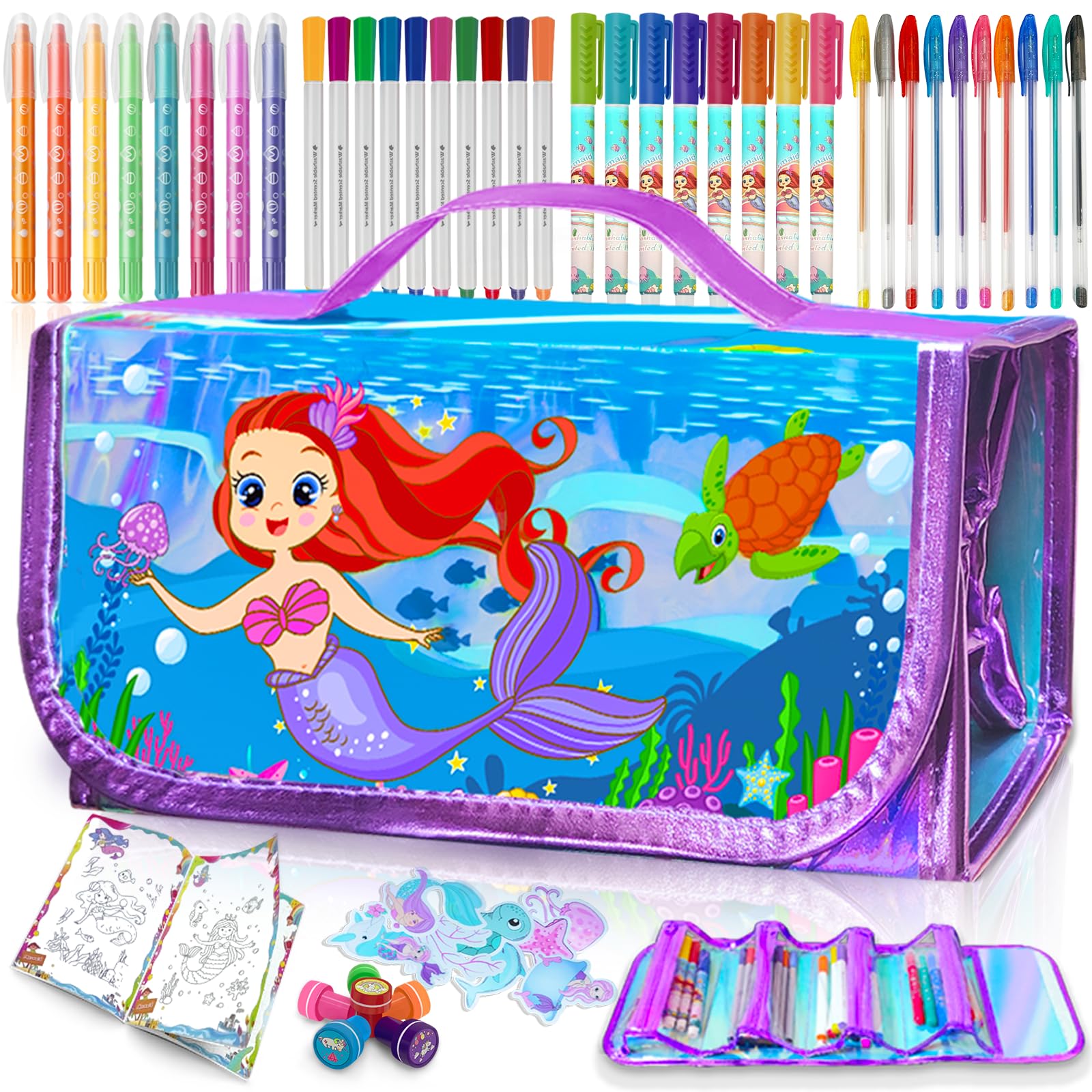 Weirtoya 56-piece marker set with glitter case for kids' art projects.