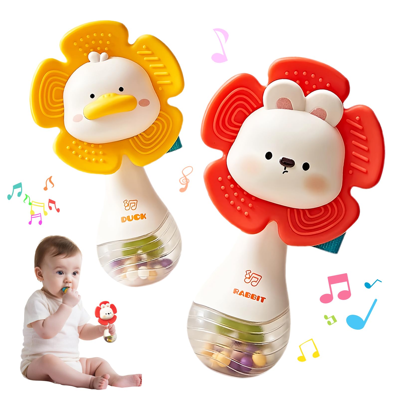 Weirtoya bunny and duck rattle teether for 0-6 months soothing and development