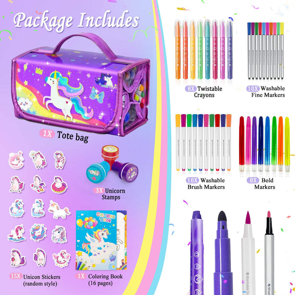 Weirtoya washable markers and crayons in unicorn travel case for mess-free coloring on the go