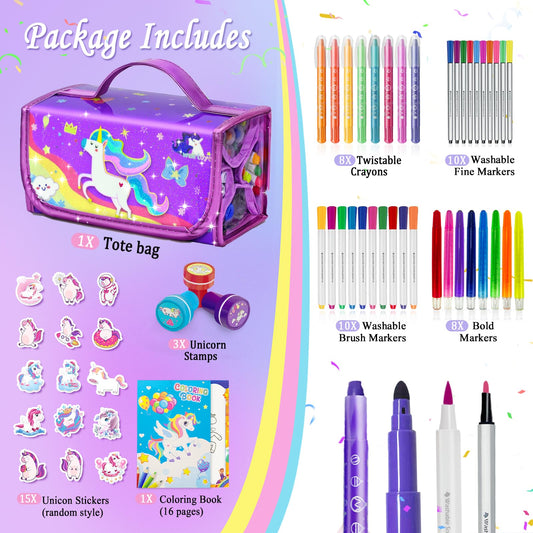 Weirtoya washable markers and crayons in unicorn travel case for mess-free coloring on the go