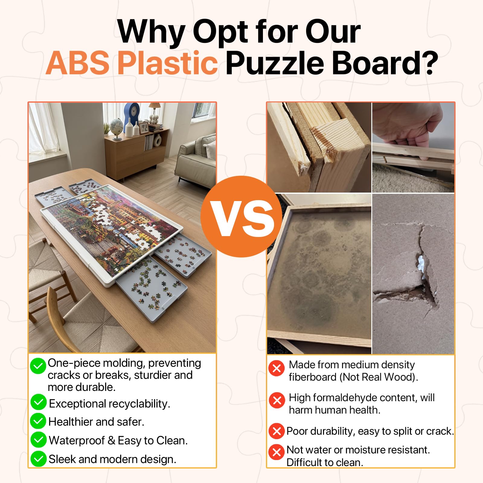 Waterproof surface of the WELGEE board supports direct puzzle glue.