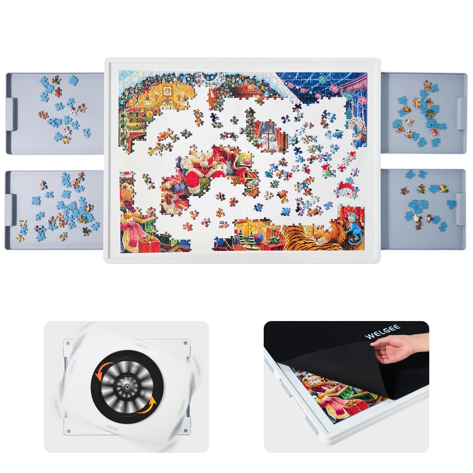 WelGEE rotating puzzle board with cover for mess-free puzzling.