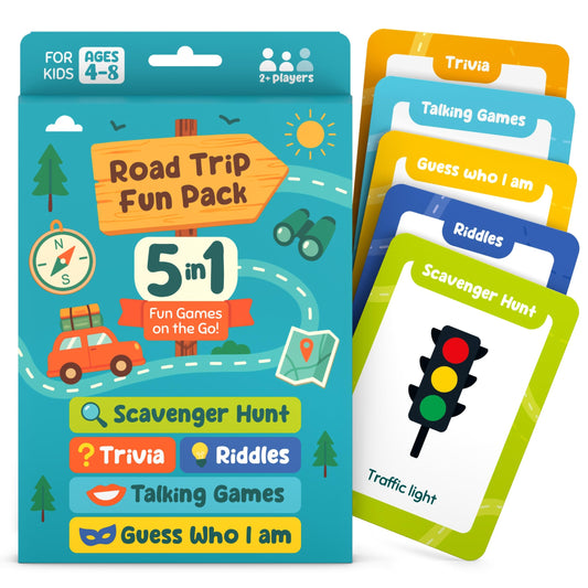 WELL BALANCED 5-in-1 road trip games box offers screen-free fun for kids on car trips.