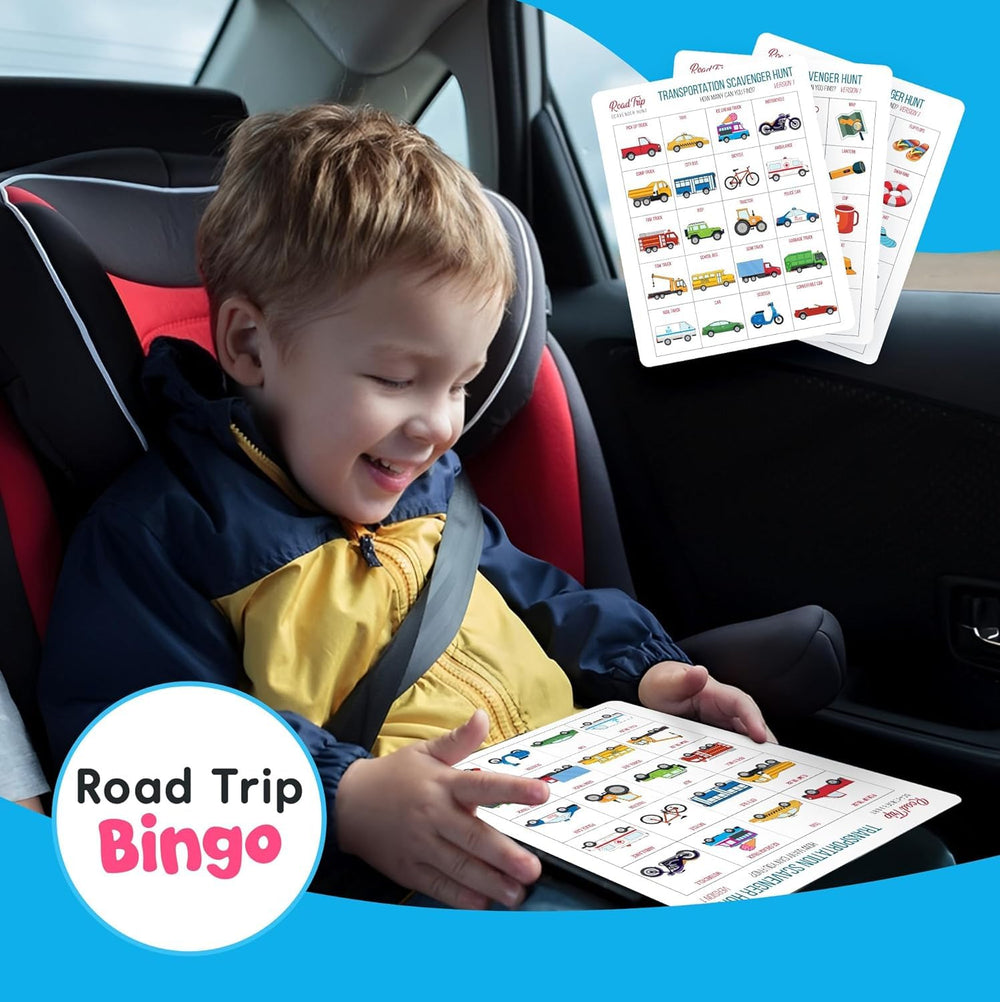 Road sign cards helping kids spot cues from the window.