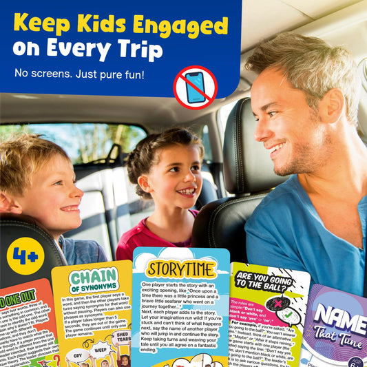 Family enjoying games on a car trip with WELL BALANCED Road Trip Games.