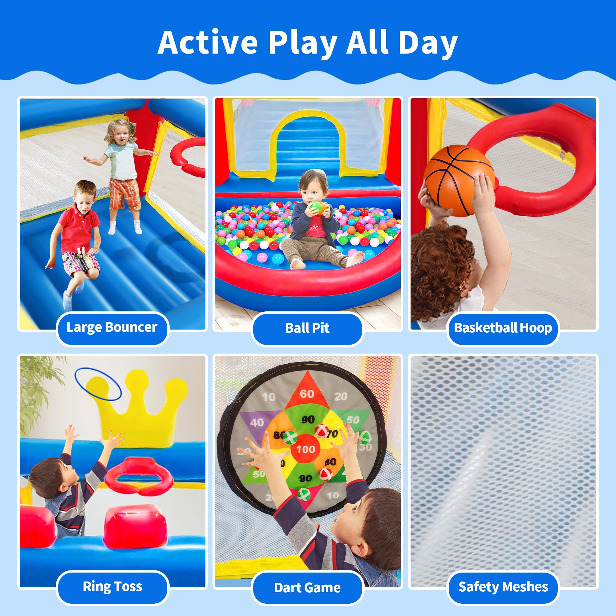 WELLFUNTIME bounce house with ring toss for cooperative games.