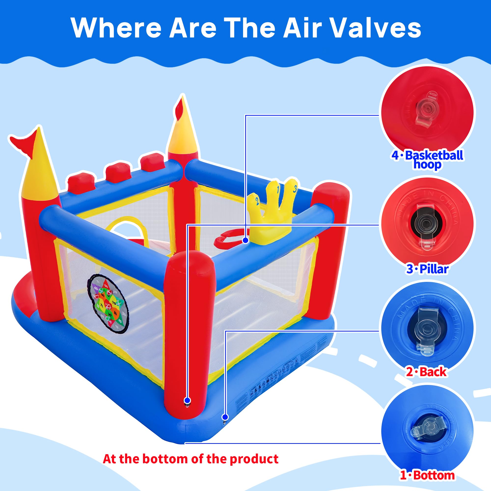 WELLFUNTIME bounce house safety walls and reinforced base for stability.